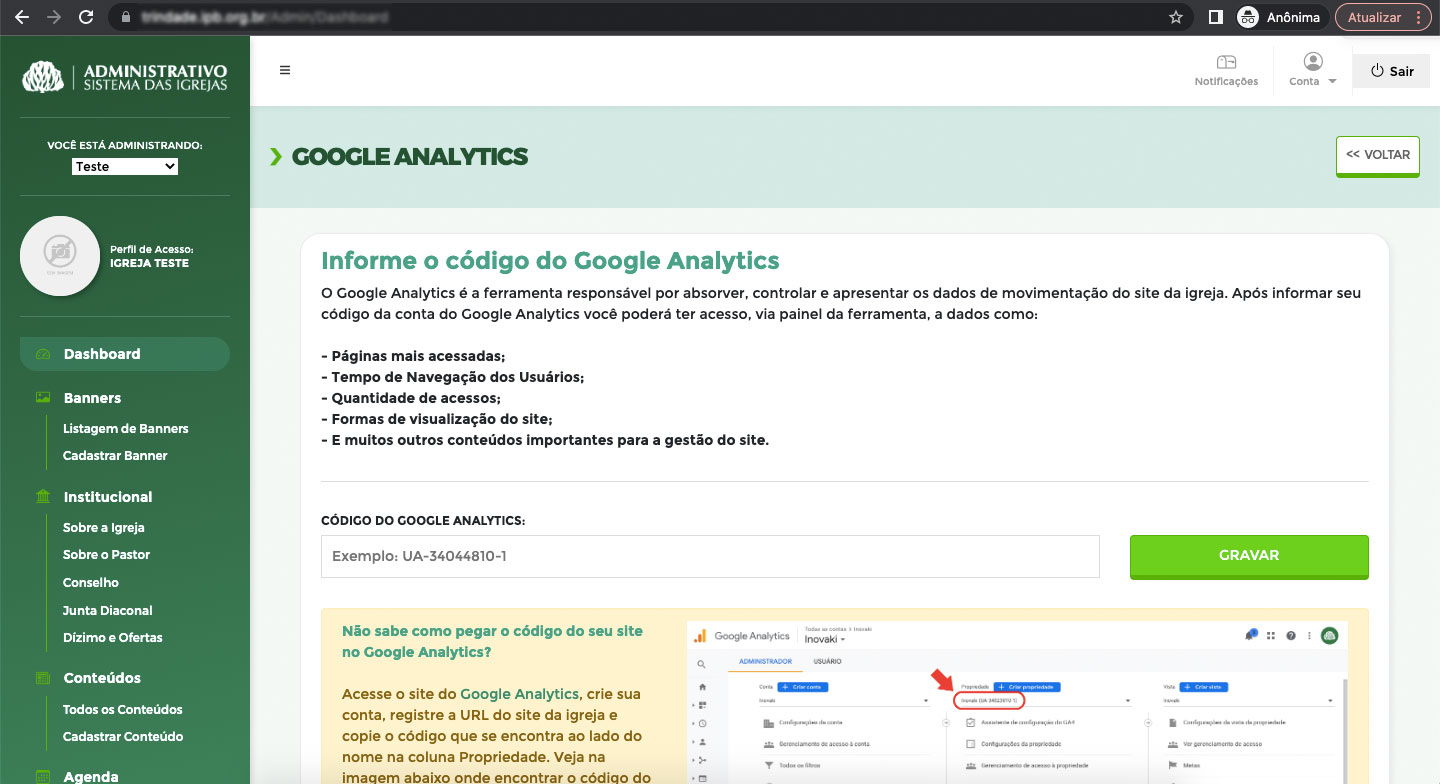 Tela do Sincronismo do Google Analytics